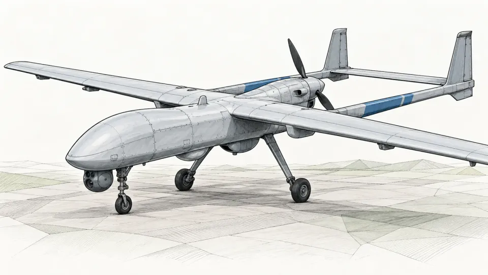 Illustration of a generic long-wing surveillance drone with a twin-boom tail and a sensor turret under the nose, standing on its landing gear on a minimal low-poly ground, on an off-white background