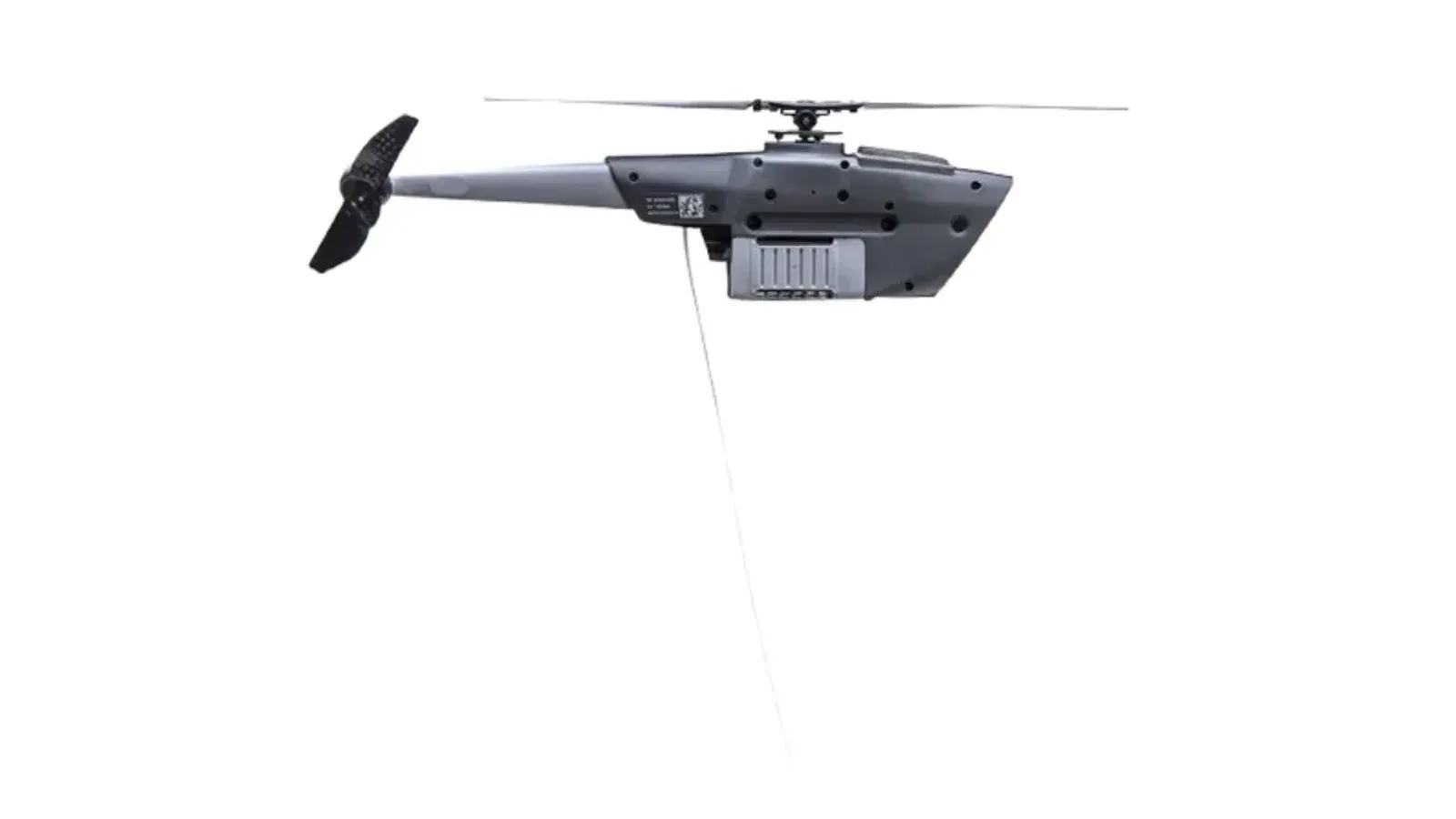 Black Hornet 4 nano-helicopter drone in side view, grey body with a camera pod under the nose and a thin tail rotor, on a white background