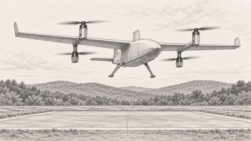 Graphite line drawing of a generic fixed-wing drone with four lift rotors mounted along its wing descending onto a square concrete landing pad, with low wooded hills behind