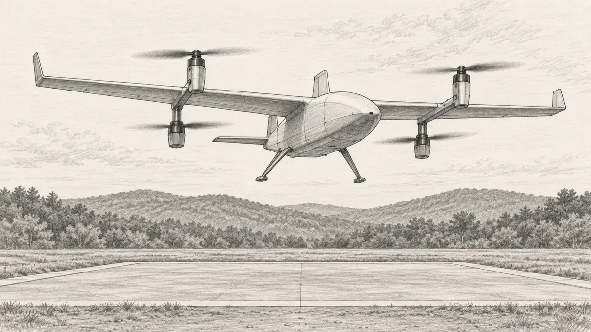 Graphite line drawing of a generic fixed-wing drone with four lift rotors mounted along its wing descending onto a square concrete landing pad, with low wooded hills behind