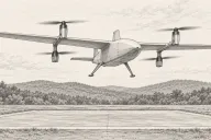 Graphite line drawing of a generic fixed-wing drone with four lift rotors mounted along its wing descending onto a square concrete landing pad, with low wooded hills behind