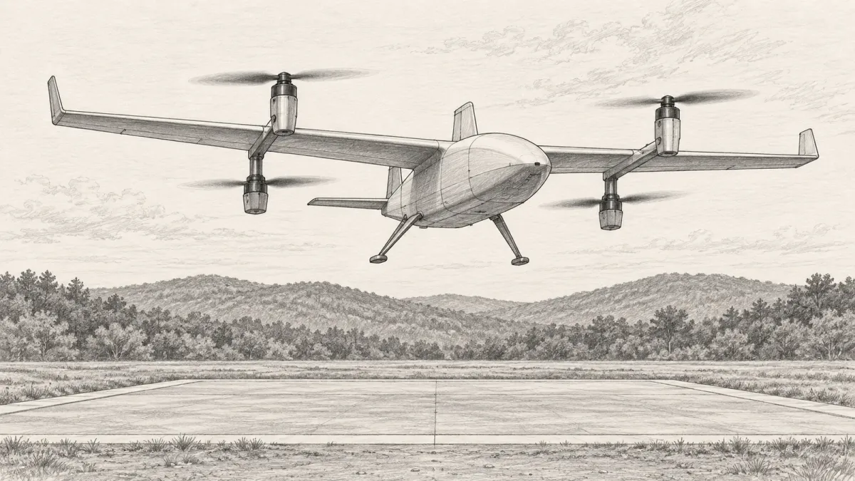 Graphite line drawing of a generic fixed-wing drone with four lift rotors mounted along its wing descending onto a square concrete landing pad, with low wooded hills behind