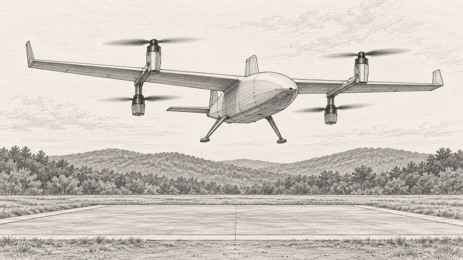 Graphite line drawing of a generic fixed-wing drone with four lift rotors mounted along its wing descending onto a square concrete landing pad, with low wooded hills behind