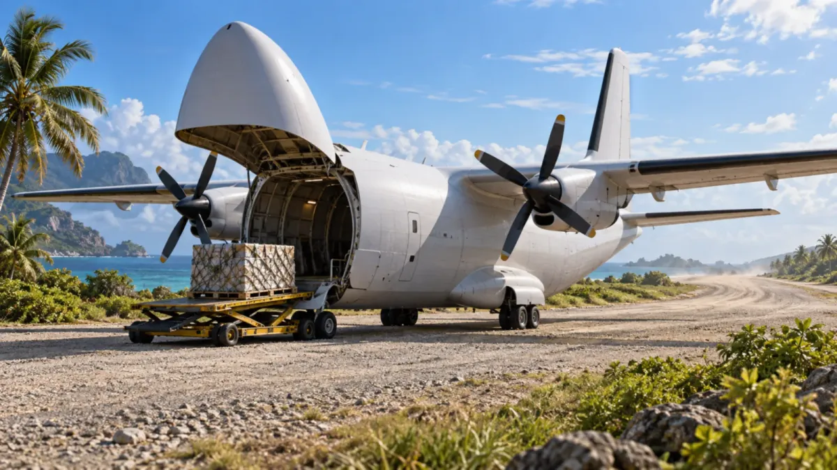 Generic high-wing twin-turboprop cargo aircraft with no cockpit windows and a raised hinged nose, parked on a short gravel strip beside palms