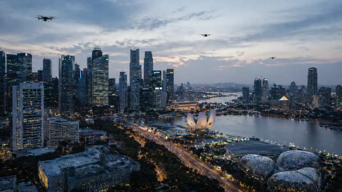 Singapore skyline with air traffic control infrastructure and drone operations in low-altitude airspace