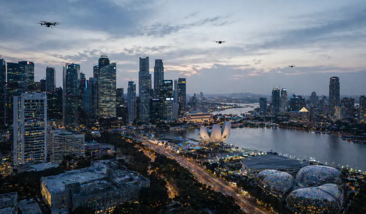 Singapore skyline with air traffic control infrastructure and drone operations in low-altitude airspace