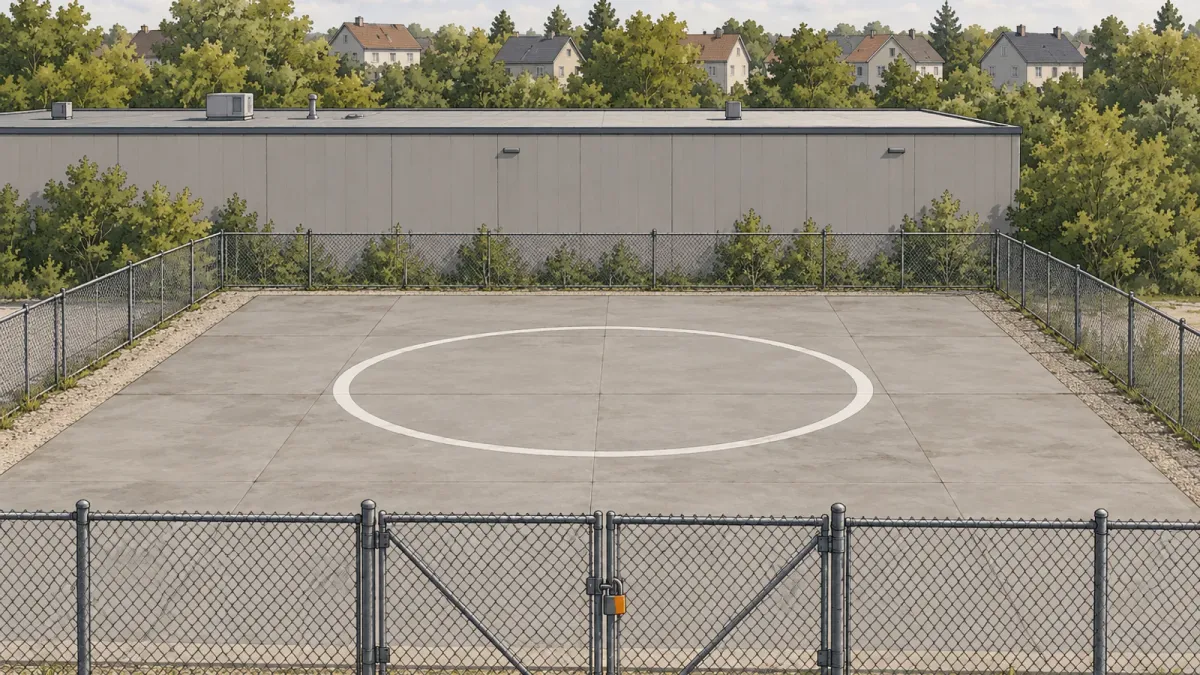 Illustration of an empty concrete drone launch pad with a painted circle behind a padlocked chain-link gate, a low grey warehouse behind it and a row of houses beyond the trees