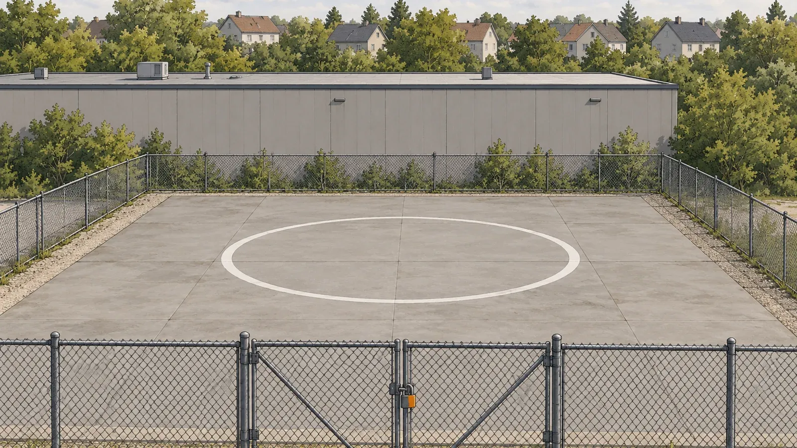 Illustration of an empty concrete drone launch pad with a painted circle behind a padlocked chain-link gate, a low grey warehouse behind it and a row of houses beyond the trees