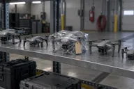 Five grey folding quadcopters lined up on a galvanised steel shelf in a fleet garage, the middle one sealed in clear plastic with a blank paper tag, hard cases on the shelf below and a fire extinguisher and coiled red hose on the wall behind