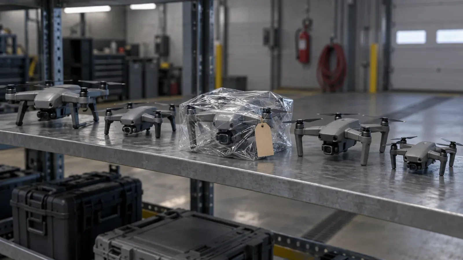 Five grey folding quadcopters lined up on a galvanised steel shelf in a fleet garage, the middle one sealed in clear plastic with a blank paper tag, hard cases on the shelf below and a fire extinguisher and coiled red hose on the wall behind