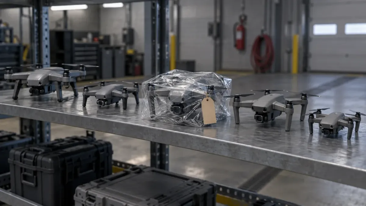 Five grey folding quadcopters lined up on a galvanised steel shelf in a fleet garage, the middle one sealed in clear plastic with a blank paper tag, hard cases on the shelf below and a fire extinguisher and coiled red hose on the wall behind