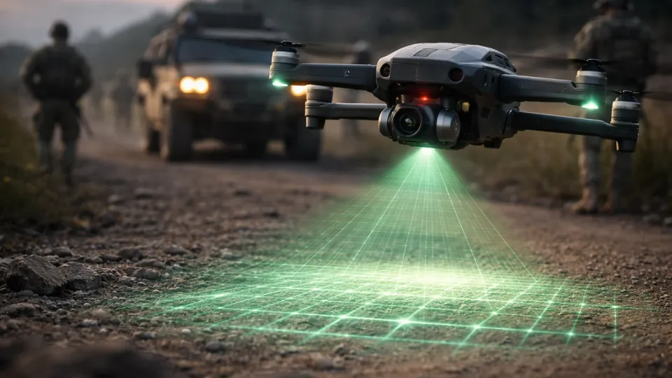 Small military drone flying over terrain during UK Army explosive ordnance detection trial in Essex