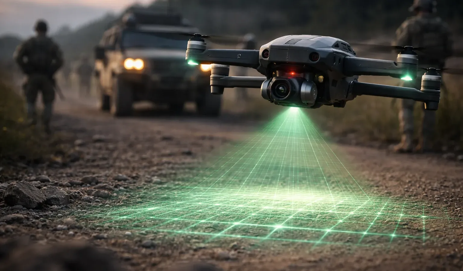 Small military drone flying over terrain during UK Army explosive ordnance detection trial in Essex