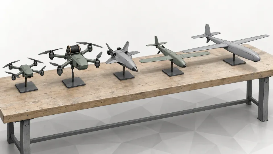 Illustration of five different generic drones lined up on a long workbench, from a small quadcopter to a fixed-wing aircraft, on a white background