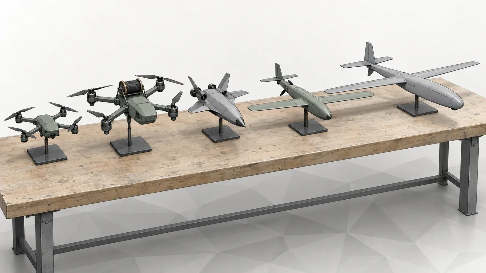 Illustration of five different generic drones lined up on a long workbench, from a small quadcopter to a fixed-wing aircraft, on a white background