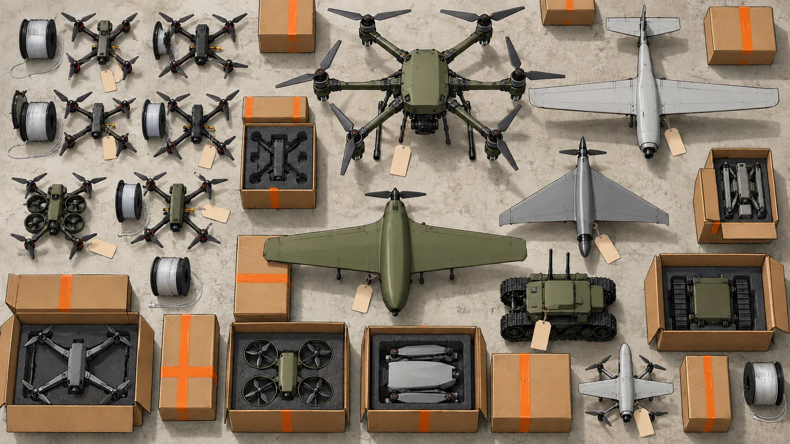 Illustration seen from above of many different military drones laid out in tidy rows on a pale floor, from small quadcopters with cable spools to a fixed-wing plane and a ground robot, among open shipping boxes