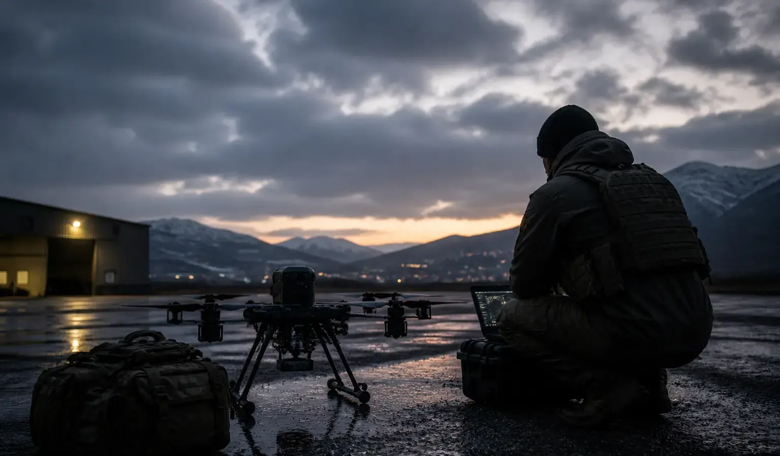 A silhouetted operator with a laptop beside a heavy six-rotor drone on wet tarmac at dusk