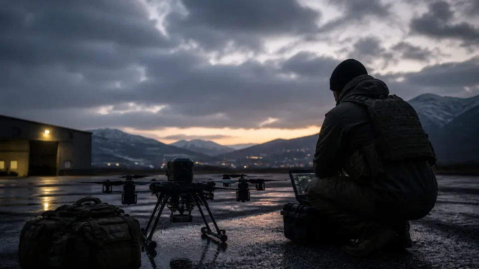 A silhouetted operator with a laptop beside a heavy six-rotor drone on wet tarmac at dusk