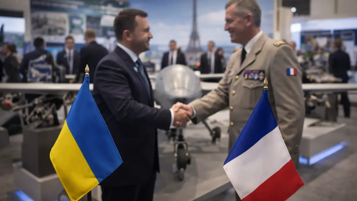 Ukrainian and French defense officials meeting at a Paris defense industry event