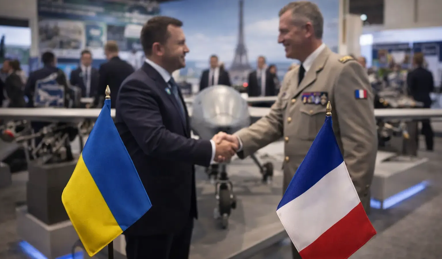 Ukrainian and French defense officials meeting at a Paris defense industry event