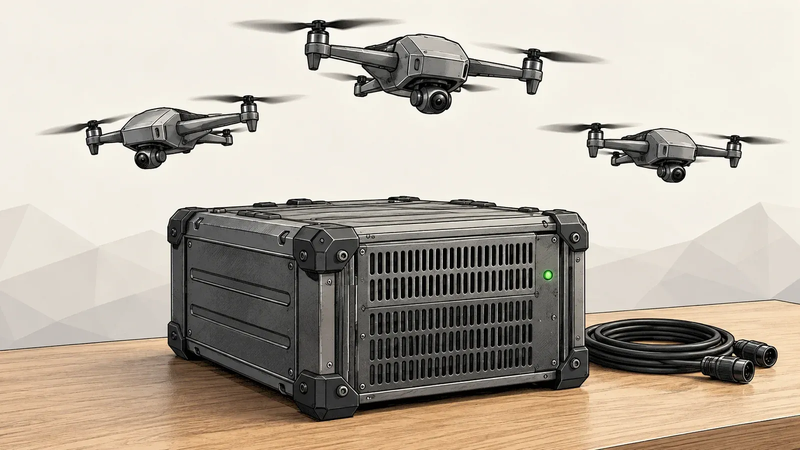Illustration of three small grey quadcopter drones flying in a loose triangle above a desk holding a closed metal server case with a green status light