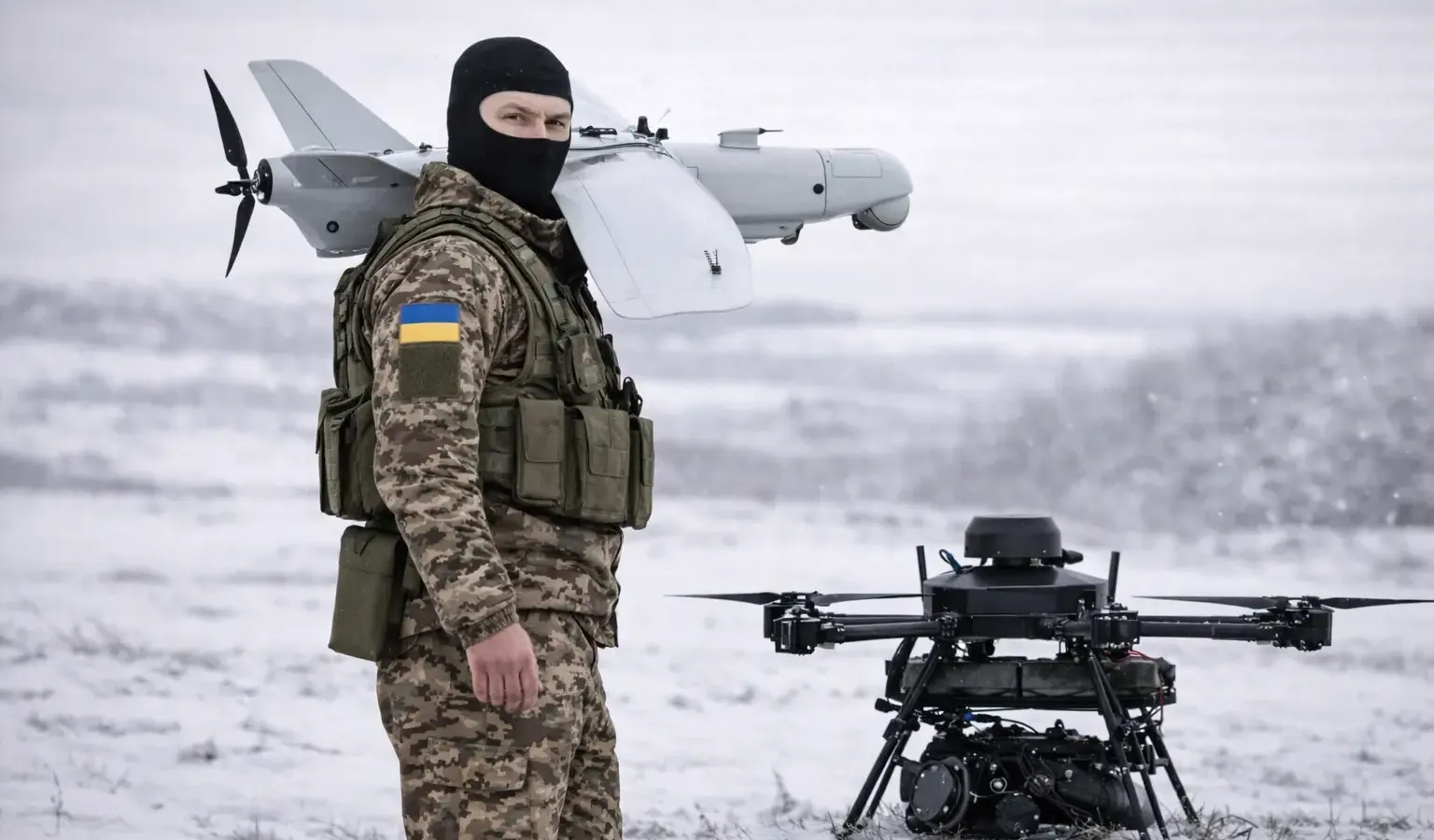 FPV drone operator in Ukraine with goggles and controller at a frontline position