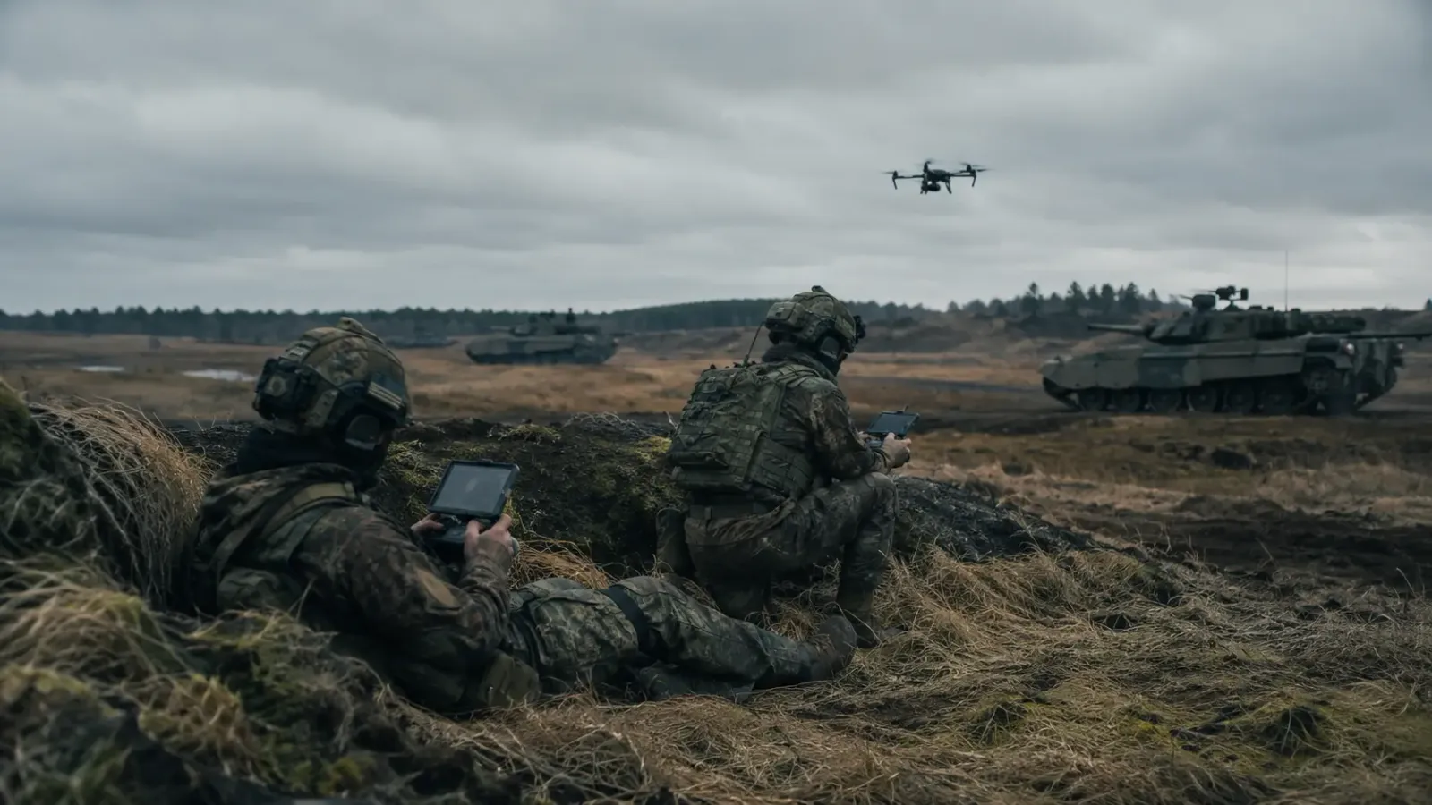 Two soldiers in a shallow position working on tablets, with tanks behind them and a quadcopter overhead