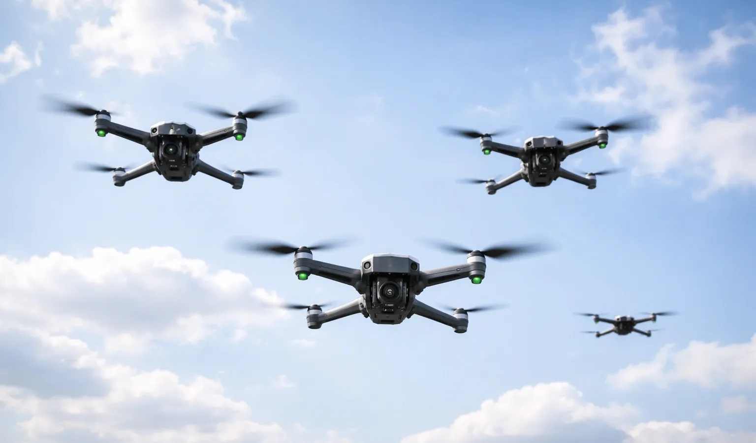 Illustration of four generic grey quadcopters against a blue sky