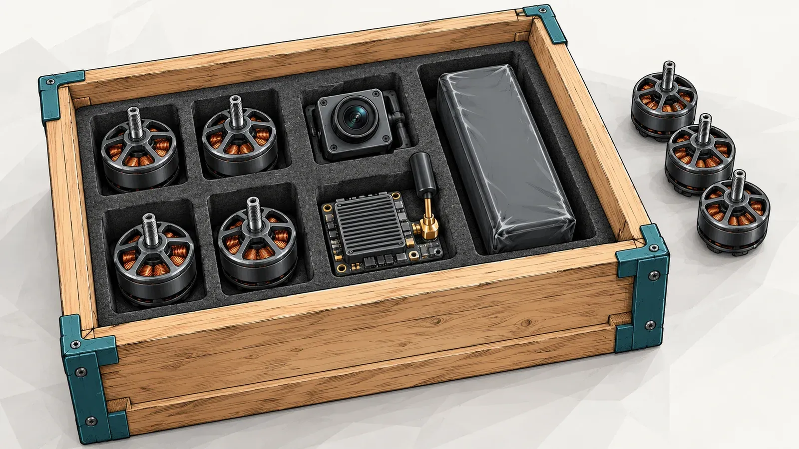 Illustration of small drone motors, a camera module and a battery pack laid out in an open parts crate on a workbench