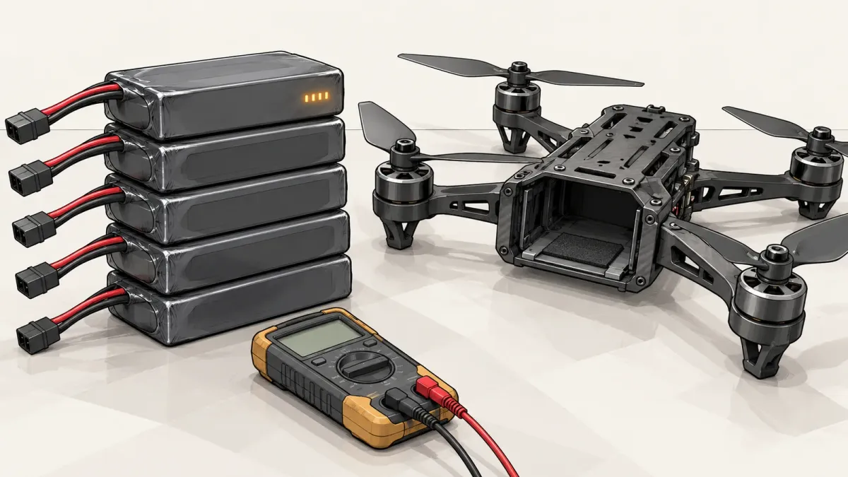 Illustration of a stack of rectangular drone battery packs on a workbench beside a small quadcopter frame with its battery bay open