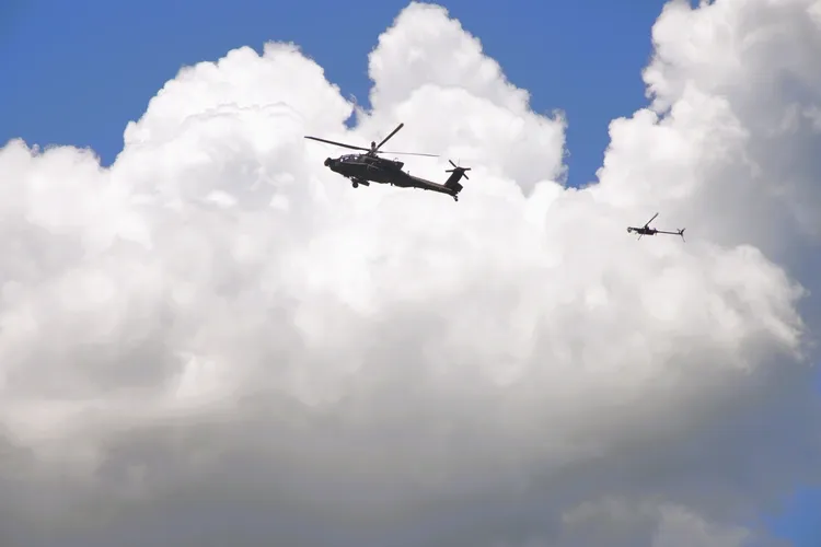 AH-64E Apache helicopter launching A700 drone during test flight