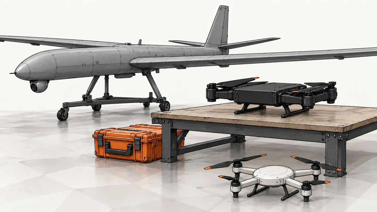 Illustration of three generic uncrewed aircraft of different sizes on a workshop floor, on an off-white background