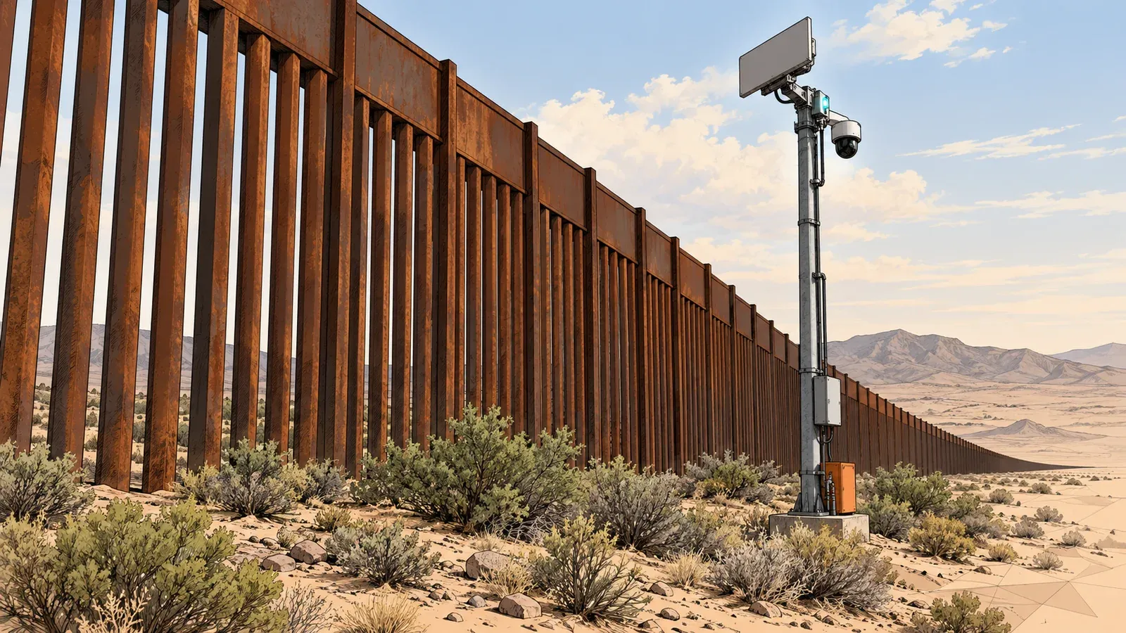 Illustration of a rust-brown steel-slat border fence across desert scrub beside a grey sensor mast with a camera and flat radar panel, with distant hills under a pale sky