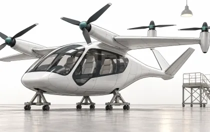 Illustration of a multi-seat electric air taxi with wing-mounted rotors standing inside a bare assembly hall, on a white background