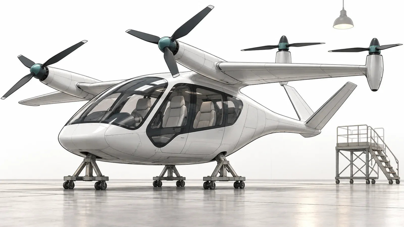Illustration of a multi-seat electric air taxi with wing-mounted rotors standing inside a bare assembly hall, on a white background