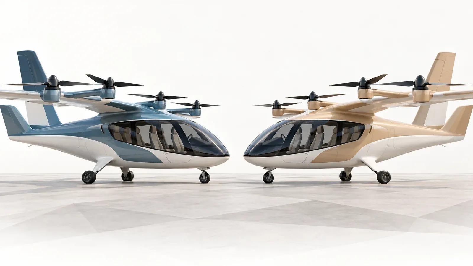 Illustration of two generic electric air taxis facing each other on a plain apron, on an off-white background