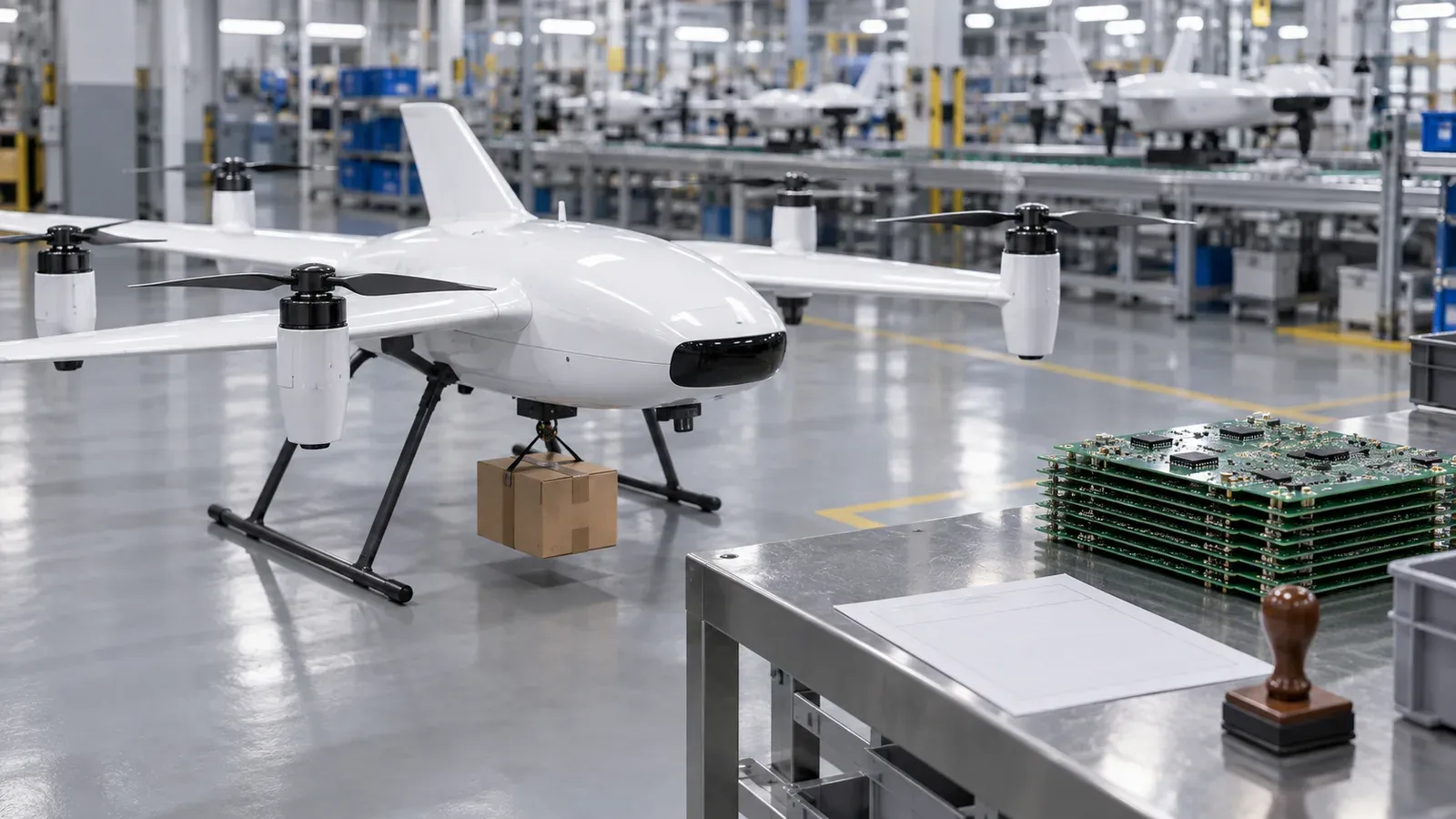 A fixed-wing delivery drone with a tethered package grounded on a factory floor beside a stack of printed circuit boards, a paper form and a rubber stamp on a steel table under bright overhead lights
