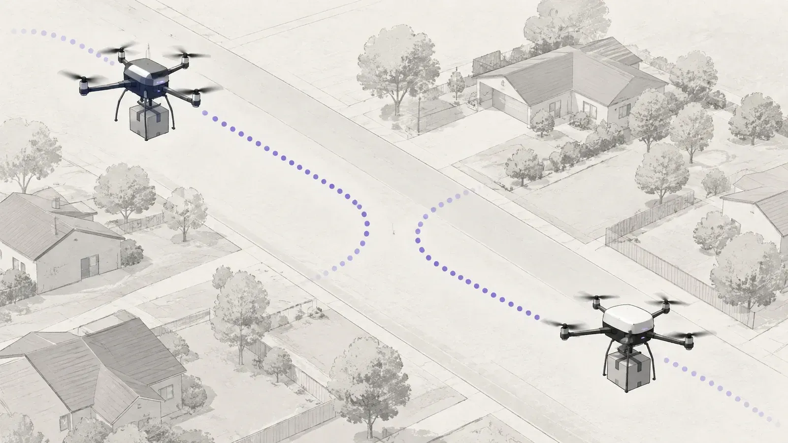 Two delivery drones on separate flight paths above a suburban street, each trailing a faint dotted route line that bends apart before the paths would cross