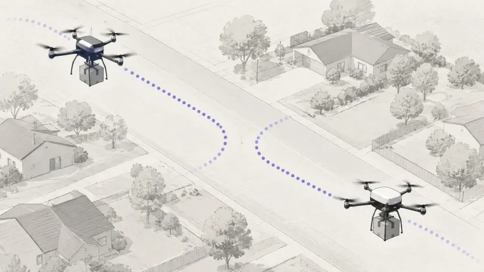 Two delivery drones on separate flight paths above a suburban street, each trailing a faint dotted route line that bends apart before the paths would cross