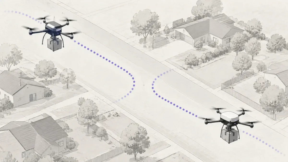 Two delivery drones on separate flight paths above a suburban street, each trailing a faint dotted route line that bends apart before the paths would cross
