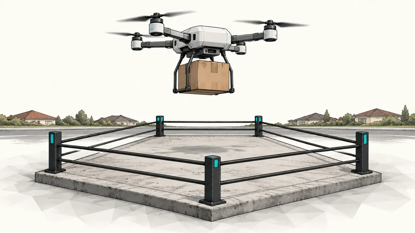 Illustration of a generic four-rotor delivery drone carrying a cardboard parcel above a small fenced concrete launch pad, with low suburban houses in the distance, on an off-white background
