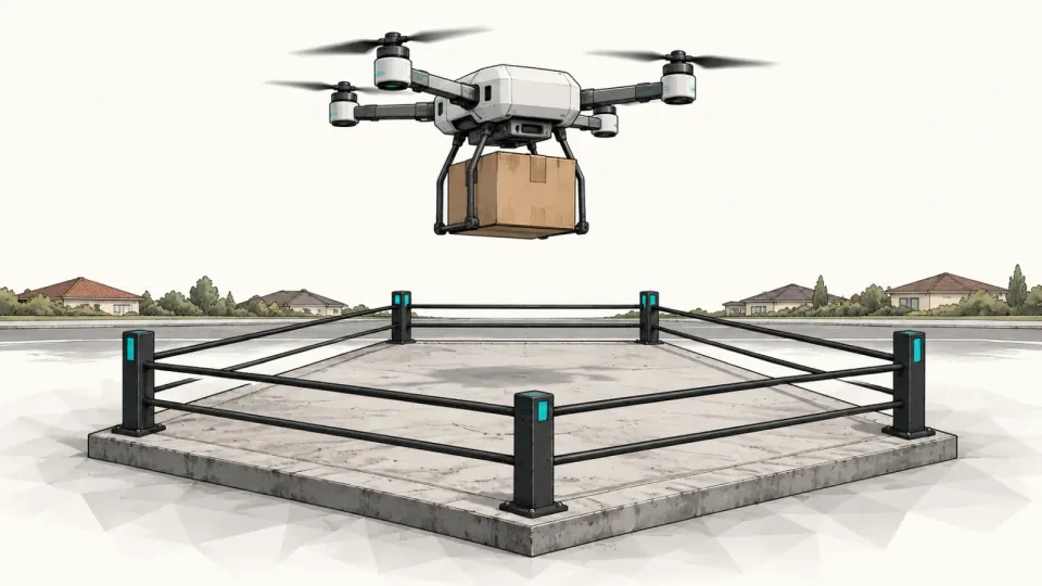 Illustration of a generic four-rotor delivery drone carrying a cardboard parcel above a small fenced concrete launch pad, with low suburban houses in the distance, on an off-white background