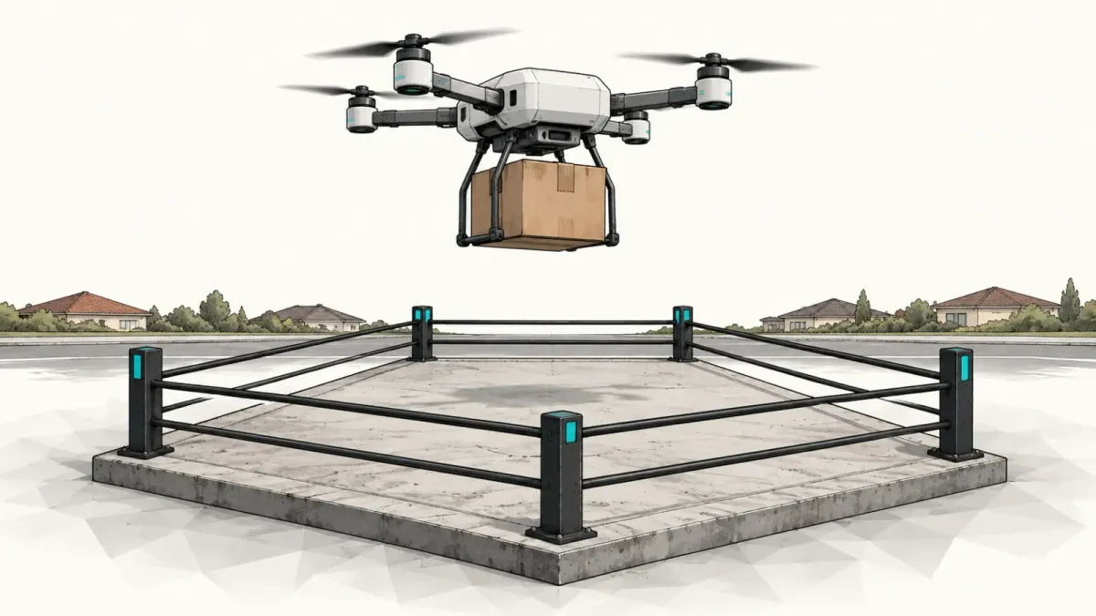 Illustration of a generic four-rotor delivery drone carrying a cardboard parcel above a small fenced concrete launch pad, with low suburban houses in the distance, on an off-white background