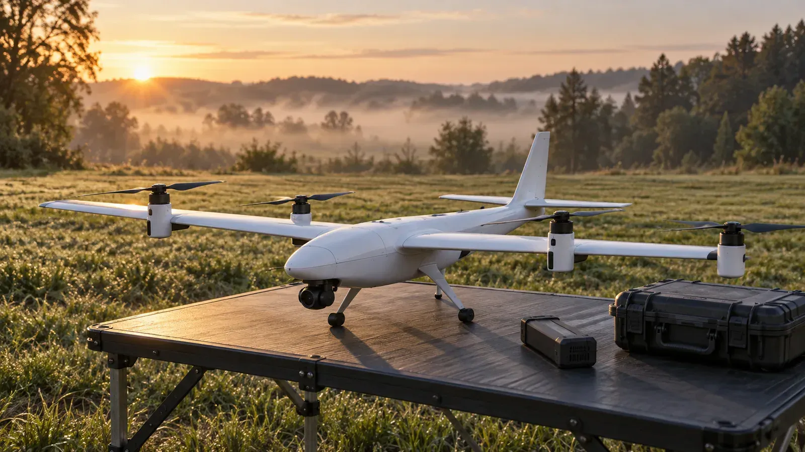 Generic small tilt-rotor fixed-wing drone with a slender white fuselage and long wing on a folding table in a field, rotors tilted upward
