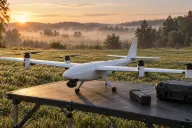 Generic small tilt-rotor fixed-wing drone with a slender white fuselage and long wing on a folding table in a field, rotors tilted upward