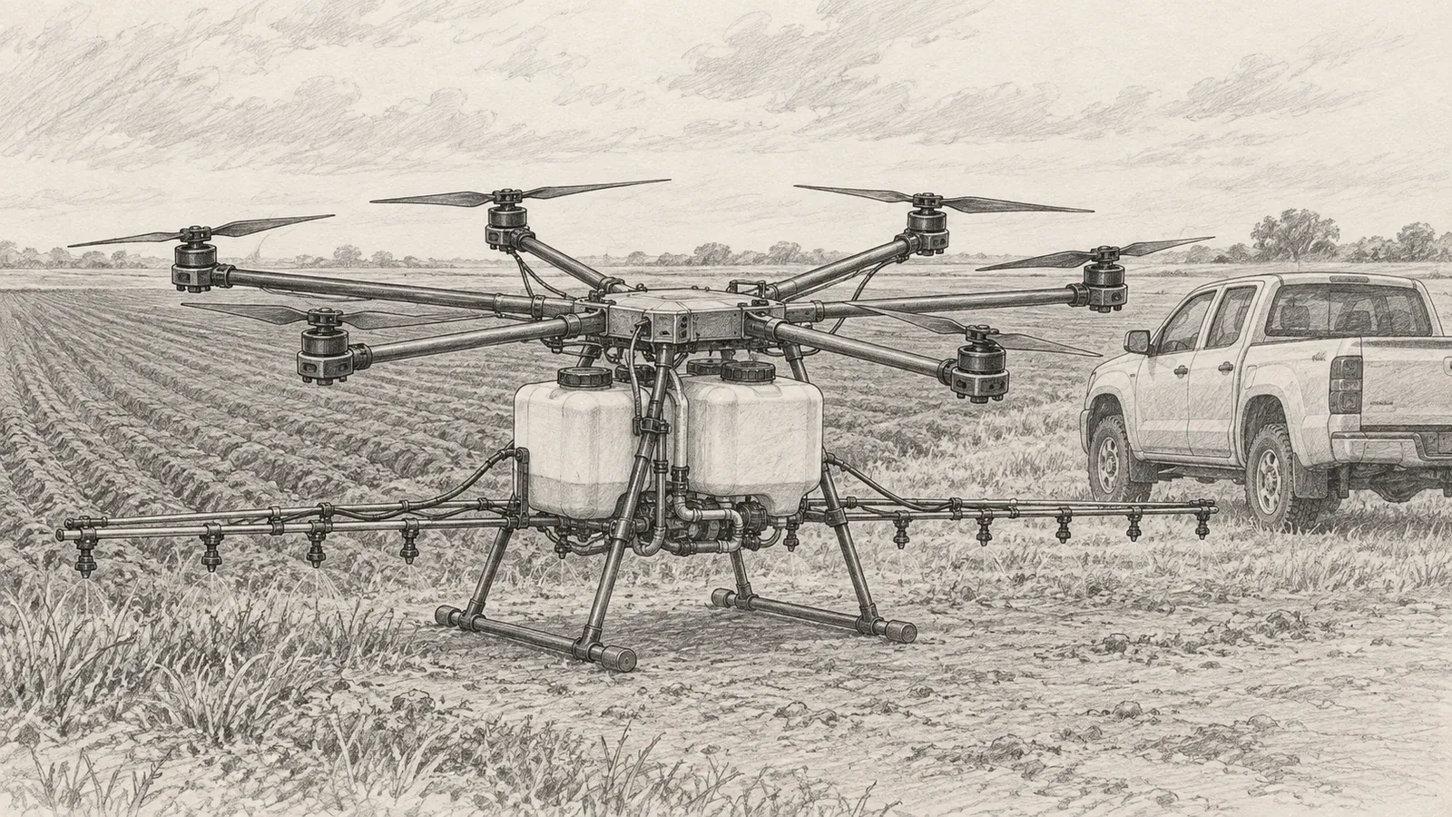 Graphite line drawing of a large eight-rotor spraying drone parked at the edge of a ploughed field beside a pickup truck