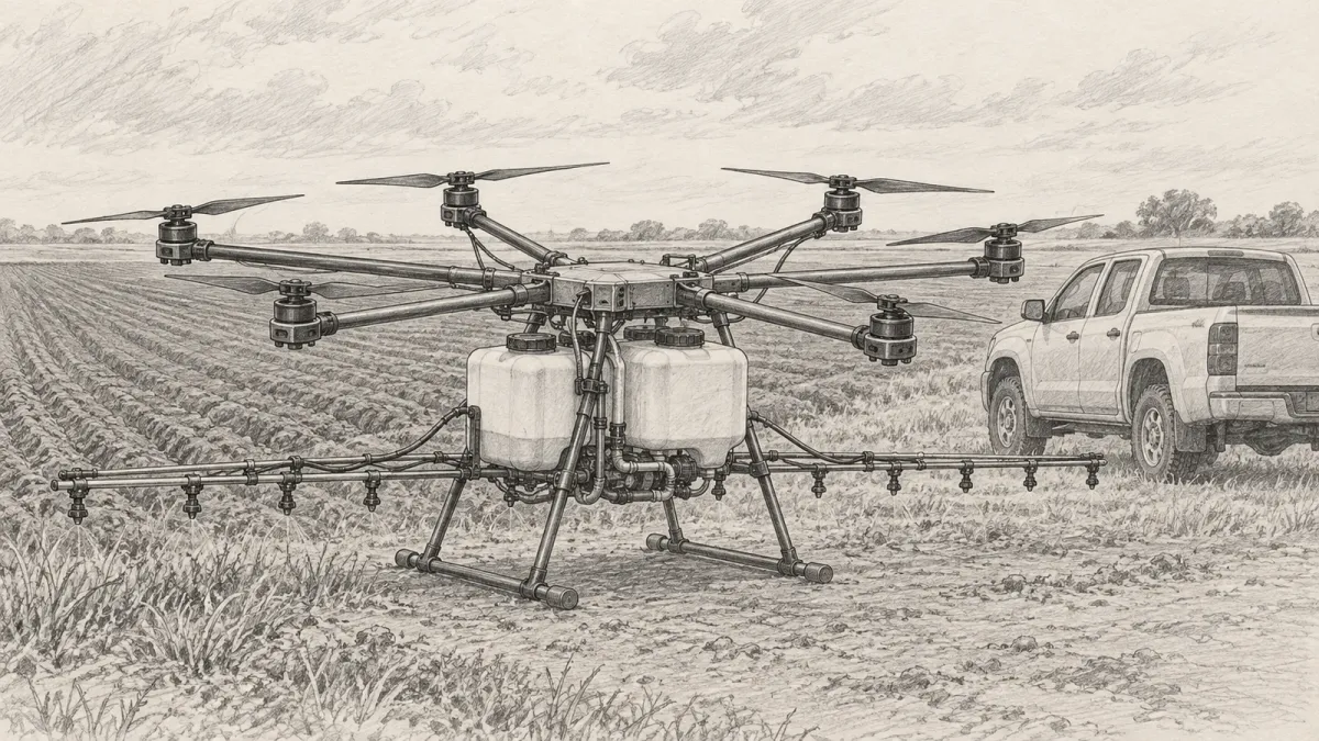Graphite line drawing of a large eight-rotor spraying drone parked at the edge of a ploughed field beside a pickup truck