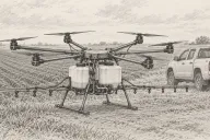 Graphite line drawing of a large eight-rotor spraying drone parked at the edge of a ploughed field beside a pickup truck