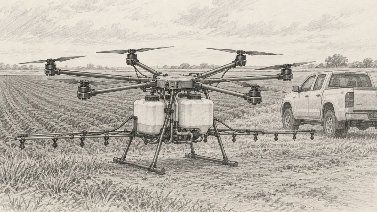 Graphite line drawing of a large eight-rotor spraying drone parked at the edge of a ploughed field beside a pickup truck