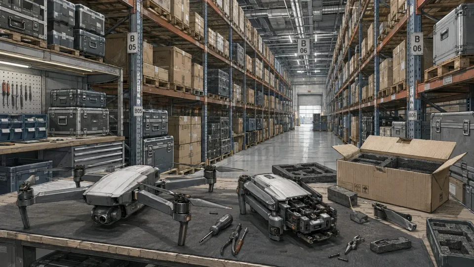 Technical illustration of two generic quadcopters on a packing bench in a densely stocked warehouse aisle